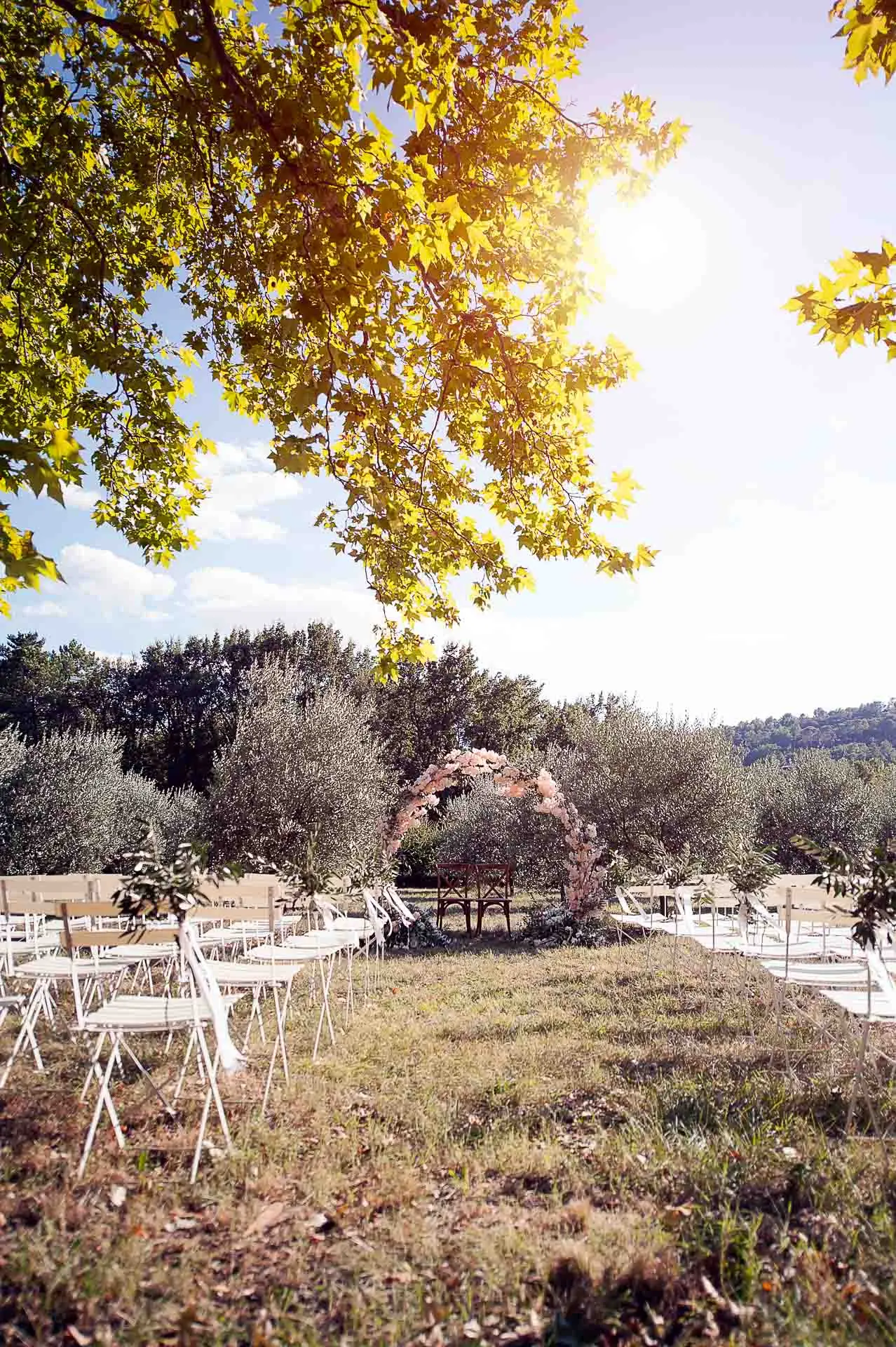 Chaises de cérémonie installées dans le parc, sous les feuillages dorés